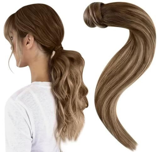 Easyouth Zopf Extension Echthaar Pferdeschwanz Extensions Echthaar Ombre Mittelbraun Mix Honigblond und Mittelbraun Balayage Clip in Zopf Extensions Echthaar 35 cm 70g #4/27/4