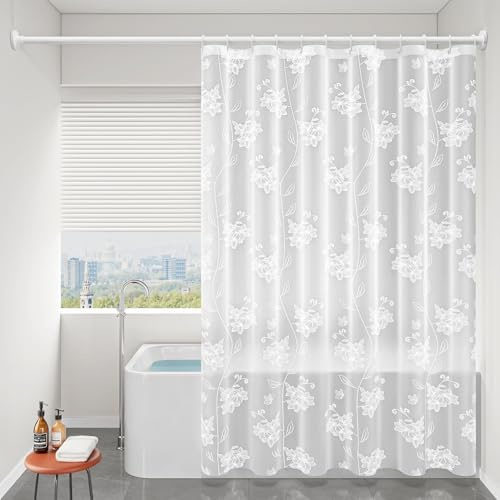 Calefee Rideau de Bain 150x200, Rideau de Douche en Peva Semi Transparent avec Motif Floral, Rideau de Douche Lesté Anti Moisissure