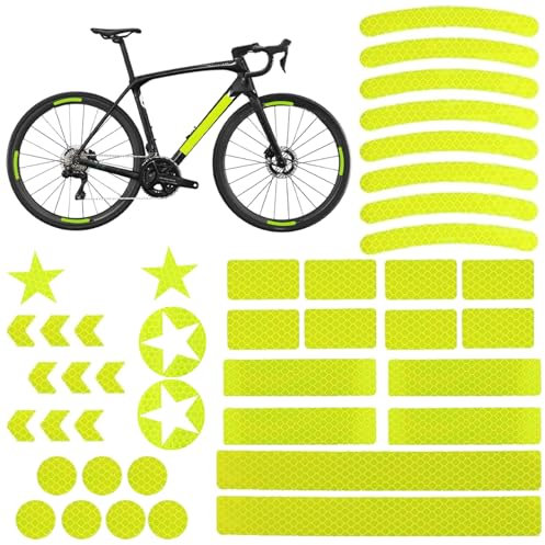 Tsathoggua 42 Stück Fahrrad Felgen Aufkleber, Fahrrad Reflektoren Aufkleber Set, Reflektoren Fahrrad Sticker mit Verschiedenen Formen, Leuchtaufkleber für Fahrrad, Motorräder, Kinderwagen (Gelb)