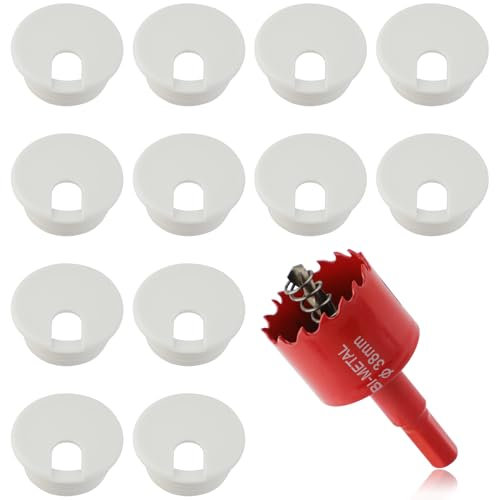 Lot de 13 œillets de bureau de 38 mm, cache-trou de bureau pour câbles avec scie-cloche, cache-trou en plastique pour câble de bureau, table, armoire, comptoir et autres meubles (blanc)