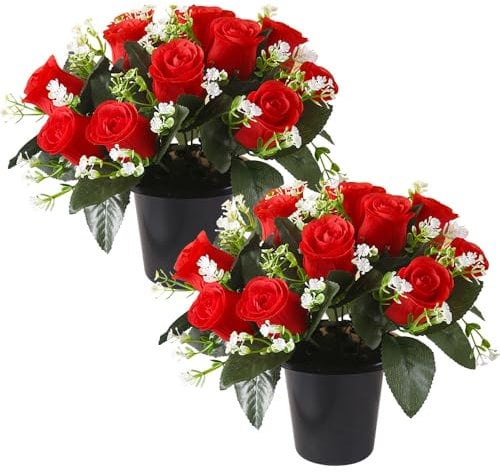 Lotvic Fiori artificiali per tombe, 25 cm, 2 vasi per tombe con fiori artificiali, 12 rose rosse per funerali, fiori artificiali per cimitero, commemorazione, decorazioni natalizie