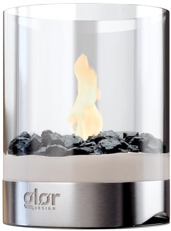 glør Design® LAVIK Bioethanol Tischkamin Outdoor & Indoor – 3 Std. Brenndauer – großes Ethanol Tischfeuer mit Edelstahlsockel & norwegischem Larvikit, für ätherische Öle geeignet
