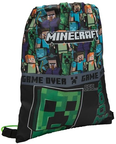 Minecraft Drawstring Bag Kids PE Kit Gym Swim Sack - Black | Easy Pull Closure Lightweight Feel Roomy Kit Storage Handy Sports Use Gaming Fan Design
