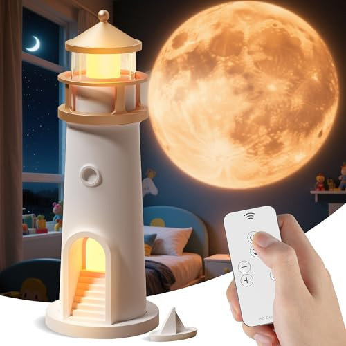 LED Mondlampe Kinder Leuchtturm Deko Nachtlicht, Mondlicht Projektor Lampe, mit Fernbedienung Dimmbar Tragbar Tischlampe Mondlampe Projektion für Fotografie, Selfie, Schlafzimmer, Wohnzimmer Deko
