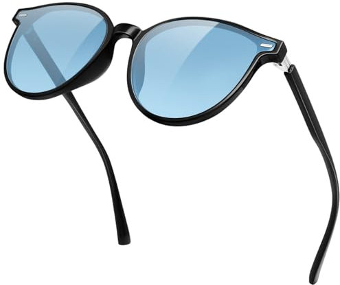 KANASTAL Light Blue Sunglasses Polarised Womens Mens Round Retro Ladies Vintage Female Trendy Driving Outdoor Summer Casual UV400 - Black Frame Transparent Blue Tinted Lens