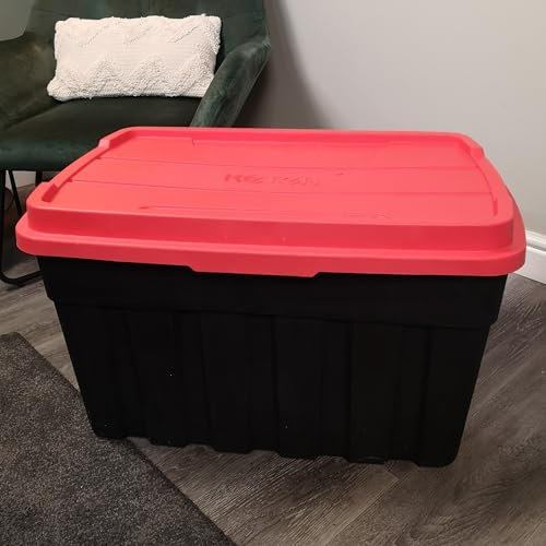 140L Black and Red Tuff Stackable Storage Box with Lid and Carry Handles
