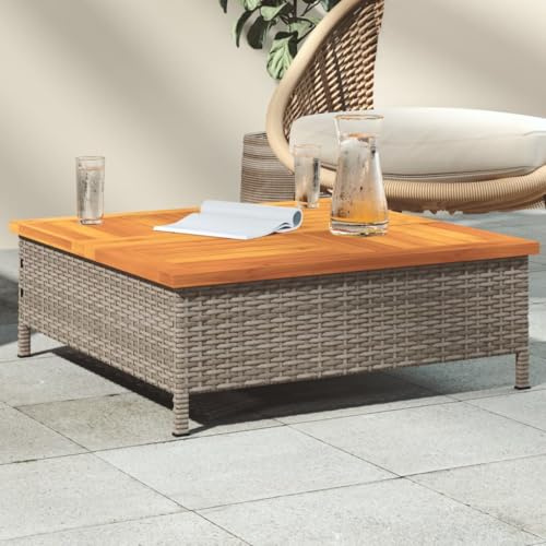 Qnhdfrt Outdoor Gartentisch Beistelltisch Grau und Braun 70x70x25 cm Rattan Akazienholz Robust mit Sonnenschirmloch für Garten Balkon Terrasse