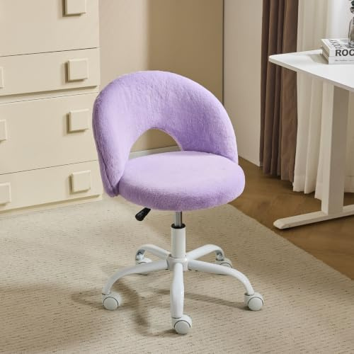 Bonnlo Comfy Vanity Chair with Wheels Small Office Chair Modern Swivel Dressing Table With Adjustable Height for Home Office, Bedroom, Dressing Room, Faux Fur, Purple