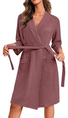 Ekouaer Bademantel Damen Waffelpique Kurz Morgenmantel Leicht Hausanzug Weich 3/4-Ärmeln Bademäntel Kimono Bathrobe, Magenta M