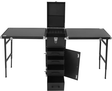 Rolling Manicure Table Portable Cosmetic Case 27x38x77cm Foldable Traveling Nail Desk with 4 Drawers, Adjustable Trolley, Wheels & Side Tables, Waterproof & Scratch-Resistant Makeup Station (Black)