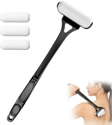 Eincremehilfe für Rücken, 46.5cm Rücken Eincremehilfe, Lange Rückenbürste mit 4 Austauschbare Bürstenköpfe, Faltbar Rückencremer Applikator für Sonnencreme, Lotion und Duschgel