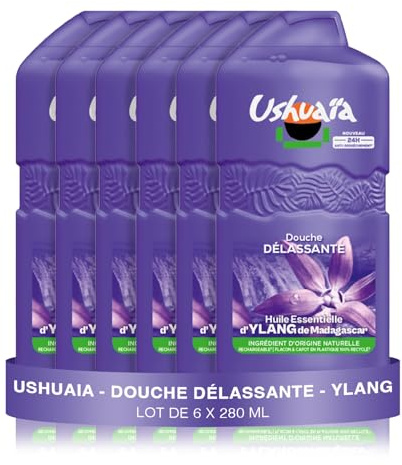 Ushuaïa Gel Douche Délassant Ylang Madagascar Huile Essentielle Lot 6x280ml | Formule vegan pH neutre, Protection anti-dessèchement 24h, Testé dermatologiquement, Flacons rechargeables