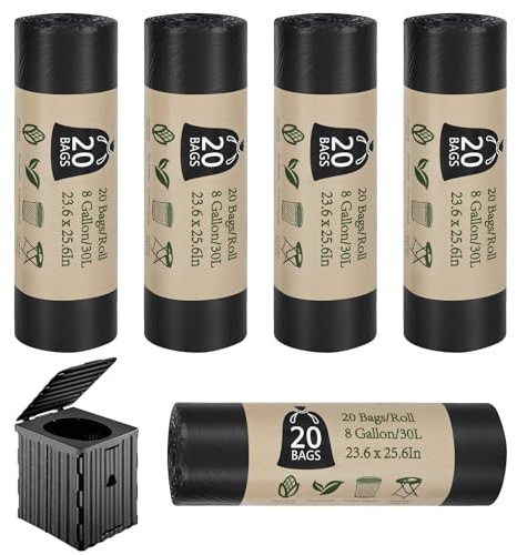 Camping Toilet Bags, 100 PCS (5 Roll) Thickened Compostable 30L 8 Gallon Portable Toilet Biodegradable Bin Bags for Camping, Hiking, Travel, Kitchen, Home (Black)