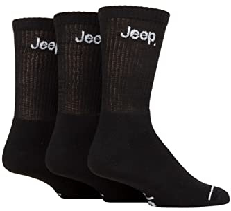 Jeep Men's Leisure Boot Socks for Walking, Hiking, Outdoors with Cushioned Foot, Ribbed Legs, Crew Length - Plain Black/White 3 Pair Pack