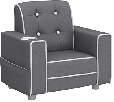 Delta Children Chelsea Kids Upholstered Chair with Cup Holder, Soft Grey