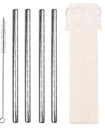 AF-WAN Lot de 4 Pailles en Métal Réutilisables - Métal Acier Inox Pailles Larges - Grande Paille de Smoothies de Boba des Brosses - pour les Milks-Shakes Bubble Tea -12 mm x 215 mm