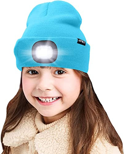 ATNKE Kids LED beleuchtete Mütze mit Licht, USB Wiederaufladbare 4 LED Scheinwerfer wasserdichte Winterwärmer Strick Nachthüte mit leichten Jungen Mädchen/Sky Blue