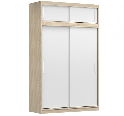Kleiderschrank Schwebetürenschrank 2-türig Schrank mit zusätzlichen Stauraum (Schrankaufsatz) vielen Einlegeböden und Kleiderstange Gaderobe Schiebtüren BxHxT 150x245x61 - Lara 04 (Sonoma + Weiß)