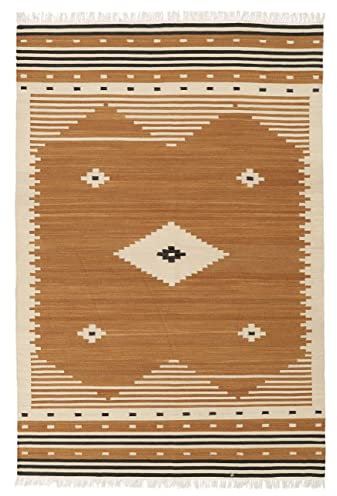 RugVista, Tribal, Teppich, Kurzflor Teppich, 200 x 300 cm, Rechteckiger, Moderner Kelim Teppich, Wolle, Flur, Schlafzimmer, Küche, Wohnzimmer, Senfgelb, Dunkelbraun