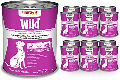 Supravit I Nassfutter für Hunde I Hundefutter Nass mit Wildfleisch, wertvollem Gemüse & Nudeln I Set 12 x 410g Dosenfutter Hund I schmackhaftes Nassfutter mit hohem Fleischanteil