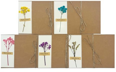 CZAKOMIX 10 Stück Trockenblumen Grußkarten, 5 verschiedene Arten von Trockenblumen, Dankskarten, mit Vintage-Kraftpapierumschlag und Hanfseil, für Geburtstag Weihnachten Hochzeitstag Muttertag