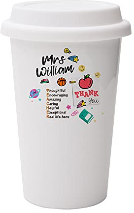 Giftme Teacher Definition/Noun Personalised, Teacher Appreciation, End of School Year 10oz Dual Wall Eco Insulated White Ceramic Travel Mug with White Lid. Reusable Keep Cup