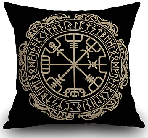 Smooffly Dekorativer Kissenbezug für Couch, Sofa, schwarz, keltisches Wikinger-Design, magischer Runenkompass, Vegvisir im Kreis der nordischen Runen, Drachen, Tattoo, Kissenbezug, 45 x 45 cm