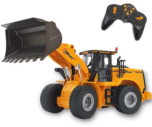 Top Race 9-Kanal-Spielzeuglastwagen, robuster Ferngesteuerter Frontlader, Ferngesteuerter RC-Bautraktor mit Lichtern und Geräuschen, 2,4-GHz-Metallschaufel und Teilen in Hobbyqualität