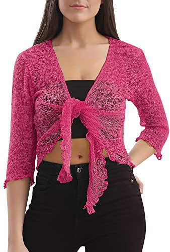 Love My Fashions® Women’s Fish Net Knitted Tie Up Bolero Shrug Top Ladies 3/4 Sleeve One Size Fits All Fuchsia
