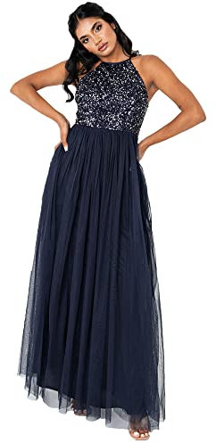 Maya Deluxe Women's Ladies Bridesmaid Maxi Dress Halter Neck Sequin Embellished Prom Graduation Wedding, Navy, 26