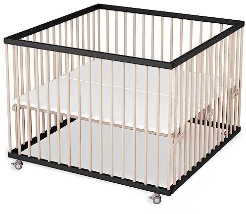 Sämann Laufstall Baby 100x100 cm | TÜV geprüft 2023 | stufenlos höhenverstellbar | Laufgitter Premium | Babybett aus Holz | Krabbelgitter Komplettset schwarz/natur