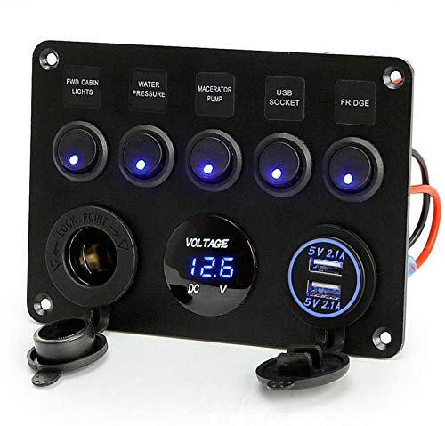 GIDREN 12V/24V Dual USB Charger Port 4.2A with Digital Voltmeter Display and 5 Gang Switch Rocker Lighter Socket for Car, Boat, Truck (BLUE)