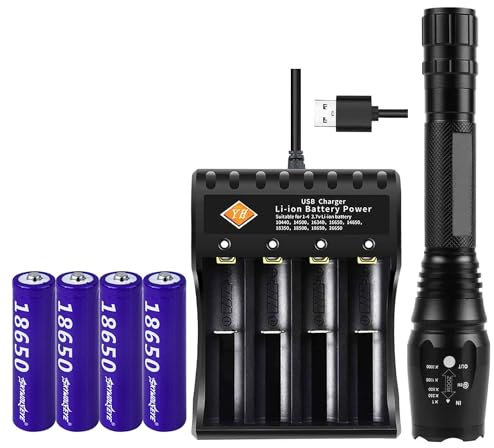 Bright Flashlight, 4 Rechargeable 18650 Batteries with 4-Slot USB Battery Charger,Torch Battery Charger Set Ideal As a Gift, Zoomable, 5 Modes, Water Resistant Light Outdoor,Cycling,Dog Walking