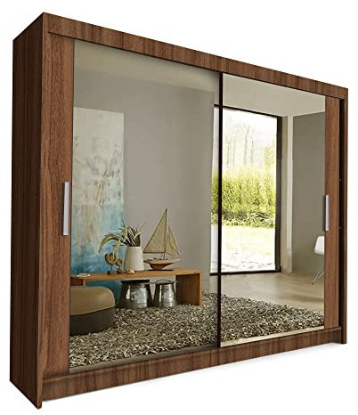 COMFATRA Toronto Double Wardrobe for Bedroom with Sliding Doors Mirror Wardrobe, 2 Door Wardrobe with Large Capacity and Easy Assembly, Space Saving Wardrobe for Bedroom Furniture (Walnut, 203 cm)