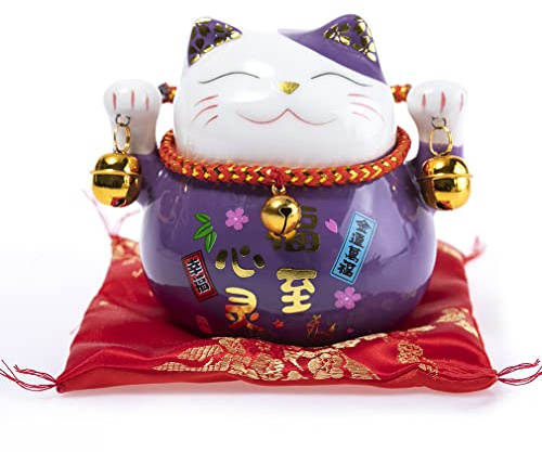 lachineuse-Gatto Maneki Neko-Salvadanaio portafortuna giapponese-Malva | Tradizioni d'Asia - 10x12x9 cm - Porcellana - Idea decorativa e regalo (Giappone/Asia) - Fortuna, sorte, felicità