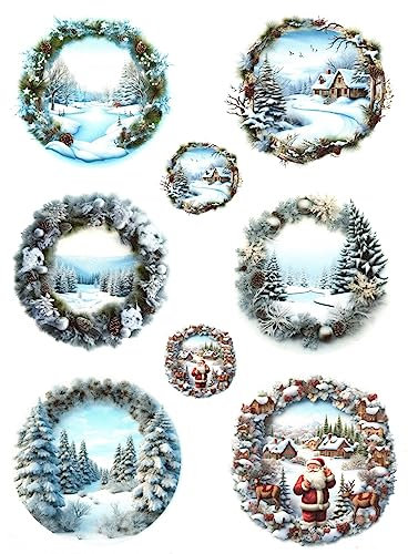 Josys Bastelmärchen Reispapier A4 Strohseide Decoupage Weihnachten Kranz Winterlandschaft RE3593