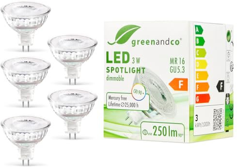 greenandco 5x MR16 GU5.3 | dimmbar | ersetzt 28W | warmweiß 2700K | CRI 90+ | 3W 250 lm | 38° | flimmerfrei | COB LED Spot | 12V AC/DC