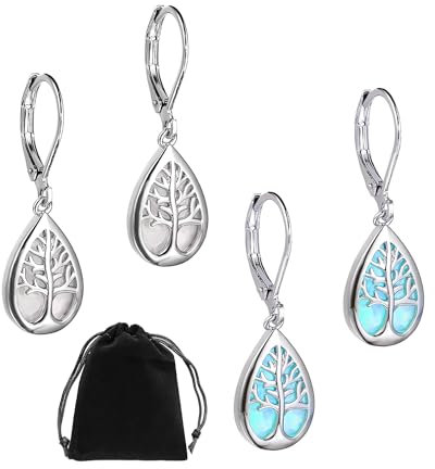 2 Pairs of Tree of Life Earrings with 1 Piece Velvet Bag, Drop Earrings, Earrings for Women Girls, Drop Shape Earrings, Dangle Earrings, Tree Shape Drop Earrings, Gift for Women (White, Blue)