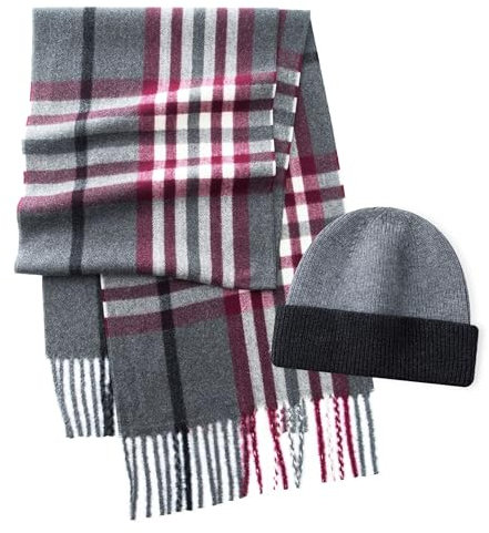 CALVIN & OLIVIA Schal mit Kaschmir-Haptik, weich, für den Winter, weich, Schottenkaro, mehrfarbig, Geschenk für Männer und Frauen, Brillantes dunkelgraues, burgunderrotes schwarz-weißes Karomuster,