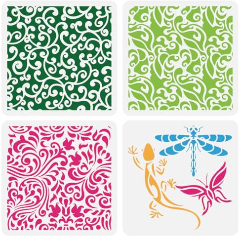 FINGERINSPIRE 4 Stück Gartenreben Schablone 20x20 cm Wiederverwendbar Schmetterling Libelle Gecko Muster Zeichnungsvorlage DIY Pflanzen Tier Schablone Zum Malen Auf Holz Wand Stoff Möbeln