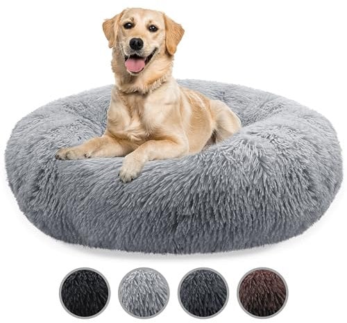 bluzelle Hundebett Große Hunde, 120cm Hundekissen Rund Donut Kissen Hundekorb Flauschig Plüsch, Ergonomisch Bezug Waschbar rutschfest Weich Kuschelig Kunstfell, Farbe:Hellgrau