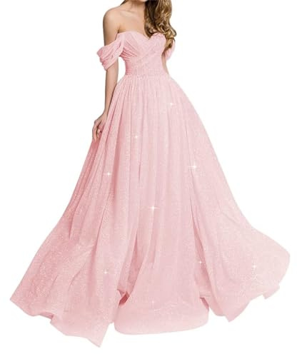 Abito da sera fuori spalla, lungo, da ballo, in tulle glitterato, a-line, da sera, da festa YIAX186 Rosa UK8