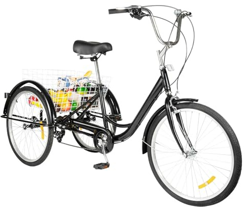MEHOOSPVN Adult Tricycle 24 Inch, 8 Speed 3-Wheel Bike Adult Trike Bike Tricycle for Adults with Light and Basket Height Adjustable Cruise Trike Elderly Bicycle for Shopping Picnic Beach, Black