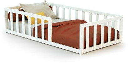 Webaby - Bodenbett babybett Holz 70x140 cm Weiß | Mit Barrieren | Mit Barrieren | Gitterbett | Kinderbett | Lattenrost inklusive | Schlafkomfort | Autonomie | Sicherheit