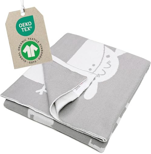 Merle Toys® Premium Babydecke Baumwolle, 100% Bio, GOTS und OEKO-TEX zertifizierte Baby Decke für Neugeborenen mit Wachstumsskala, Geschenk zur Geburt Junge & Mädchen, Kuscheldecke Baby, Elefantengrau