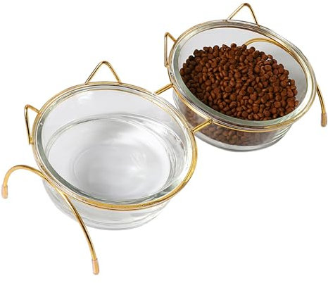 Elevated Pet Bowls Set with Stand - Premium Glass Cat Dog Food Water Bowls with Golden Metal Holder - Raised Pet Feeding Station for Small Medium Dogs Cats