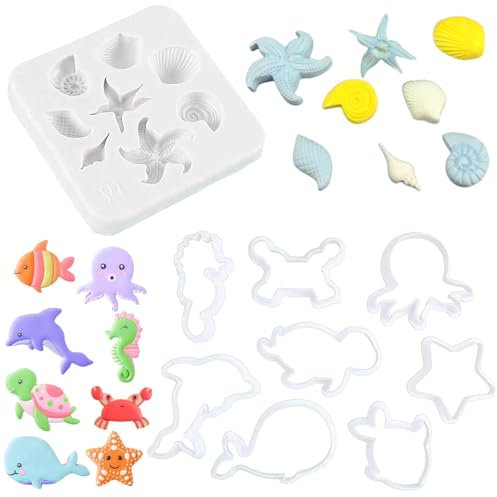8 Moules De Découpe De Vie Marine En Plastique Et 1 Moule En Silicone En Forme D'Étoile De Mer Et De Coquille, Moules De Cuisson, Moules Créatifs, Moules Mignons