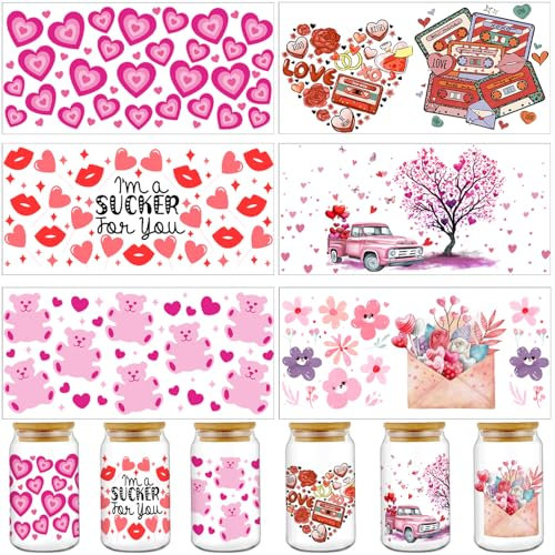 Acuiwer 6 Blätter DTF Transferaufkleber Transfer Aufkleber Valentine UV DTF Transfer Decals Tasse Wrap Transfer Sticker für Glasbecher Glas Tassen Dekor Pflanze Aufkleber (B-Valentines)
