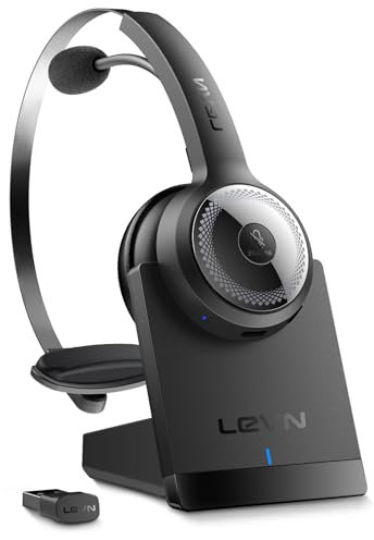 LEVN Wireless Headset with Mic for Work, Wireless Headphones with Mic (AI Noise Cancellation) & Charging Base, 45 Hours Talk Time, Perfect for Work from Home/Office/Call Center/PC/Laptop/Zoom, Black
