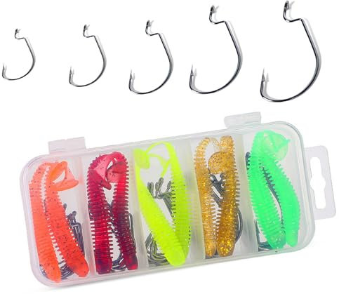50 Stück Offset Haken Set für Gummiköder Mit Wurm Jig und Dropshot - Inkl. Kunststoffkoffer und 10 Softbaits